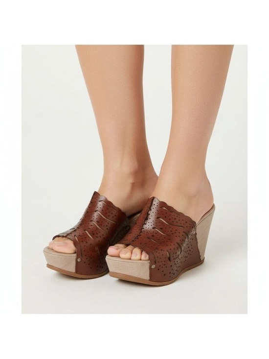 Napoleoni Shoes - NAPOLEONI women platform wedge sandals mules brown leather Sz 38